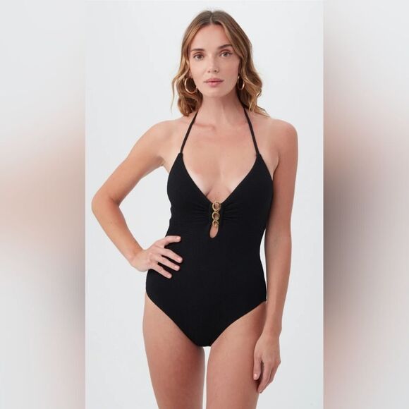 TRINA TURK Black Sands Halter Plunge One Piece Swimsuit NWOT Size 10 Black - Picture 1 of 5